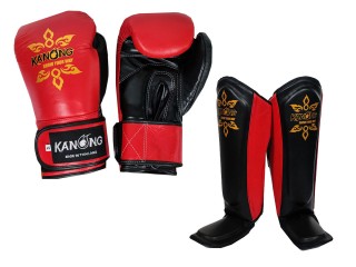 Boxing set - Real leather Boxing Gloves + Shin guards : Red/Black